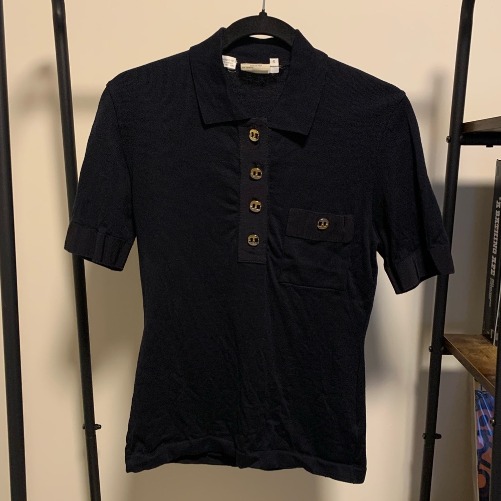 SALVATORE FERRAGAMO knit top with golds buttons collared shirt
